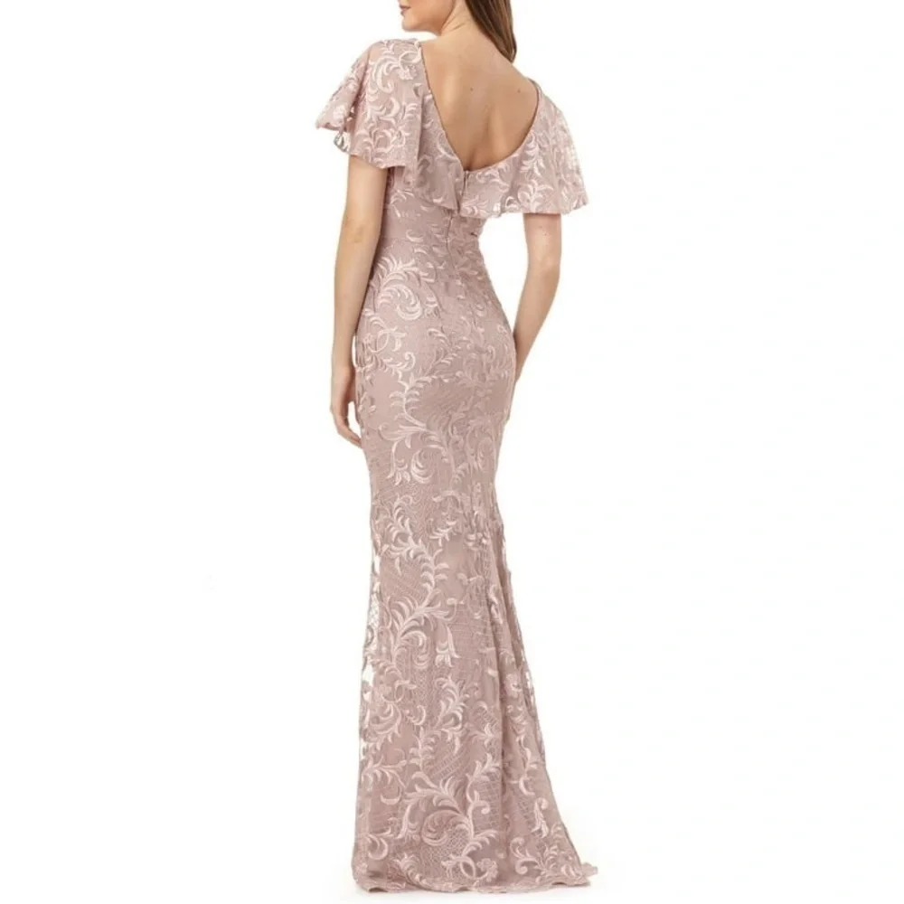 NWT Carmen Marc Valvo Infusion DUSTY ROSE Embroidered Flutter Sleeve Gown Size 6 - Picture 4 of 13